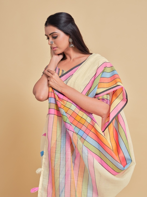 

Sangria Cream-Coloured & Pink Striped Linen Blend Saree