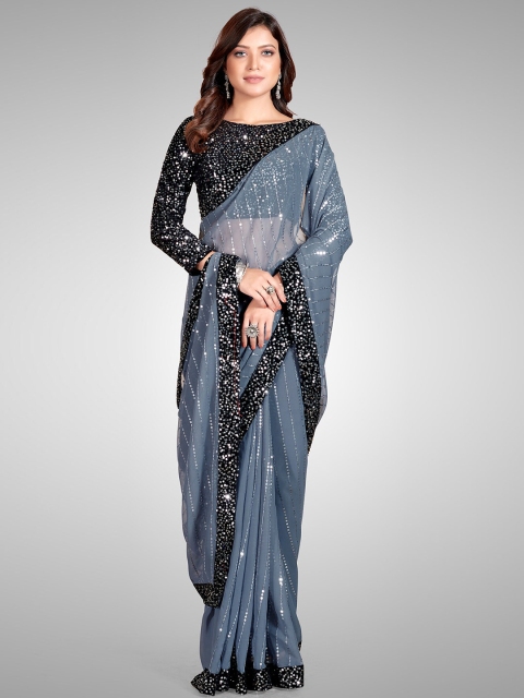 

Pratham Blue Grey & Black Embellished Sequinned Pure Georgette Saree