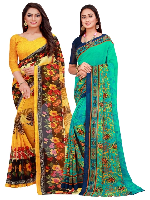 

Florence Pack Of 2 Teal & Yellow Floral Printed Pure Georgette Saree