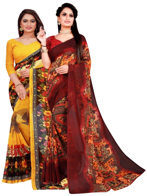 

Florence Set Of 2 Yellow & Brown Floral Pure Georgette Saree