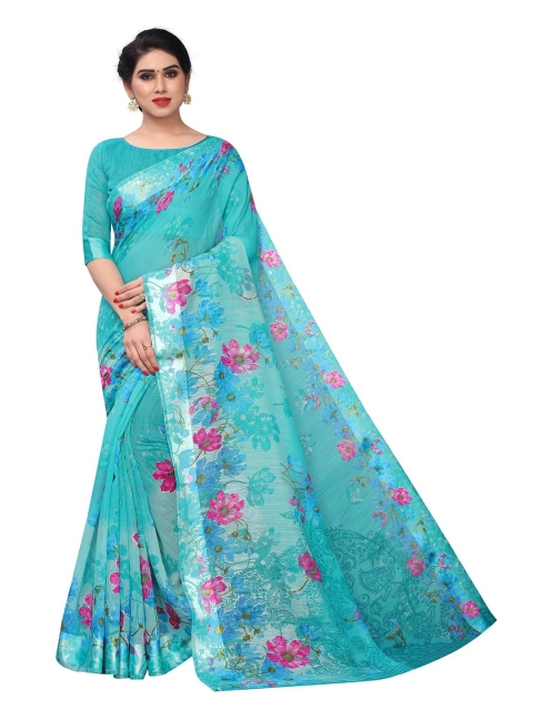 

PERFECTBLUE Blue & Pink Floral Printed Cotton Blend Saree