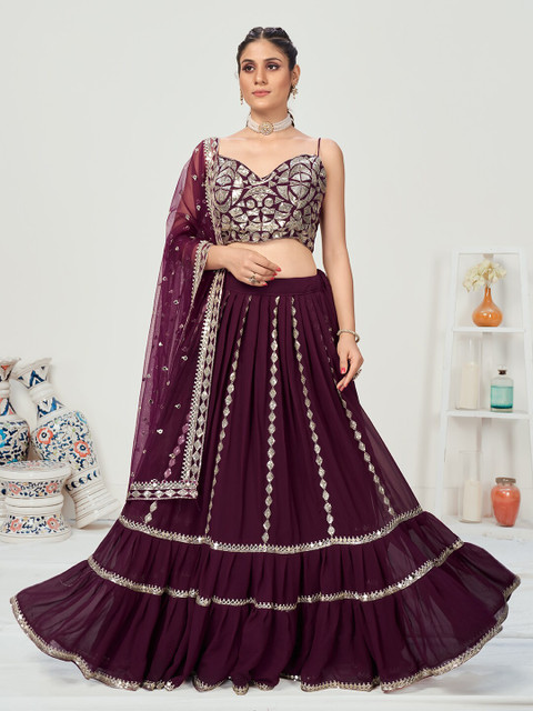 

WHITE FIRE Purple & Silver-Toned Sequinned Semi-Stitched Lehenga & Unstitched Blouse With Dupatta