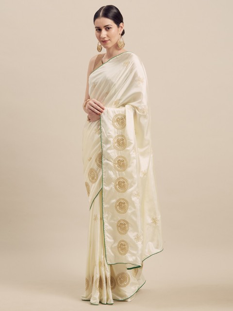 

KALINI White & Golden Ethnic Motifs Embroidered Silk Blend Saree