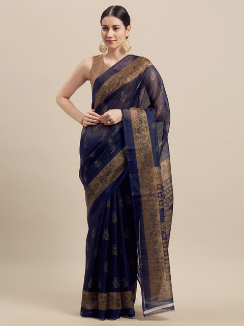 

KALINI Blue & Beige Ethnic Motifs Block Print Art Silk Saree