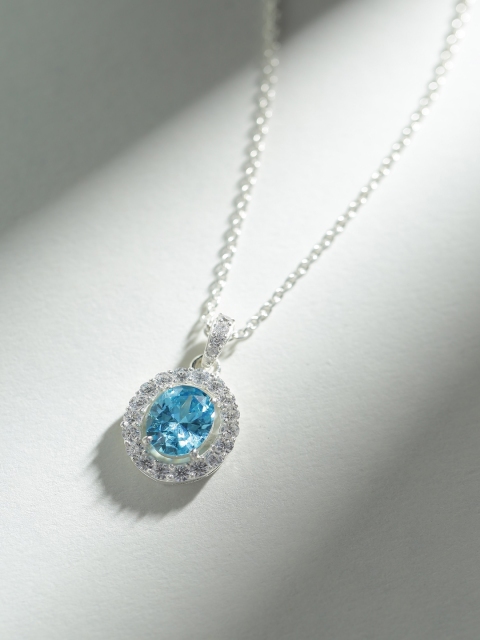 

Hiara Jewels Rhodium-Plated Blue CZ Stone Studded Oval Pendant with Chain, Silver