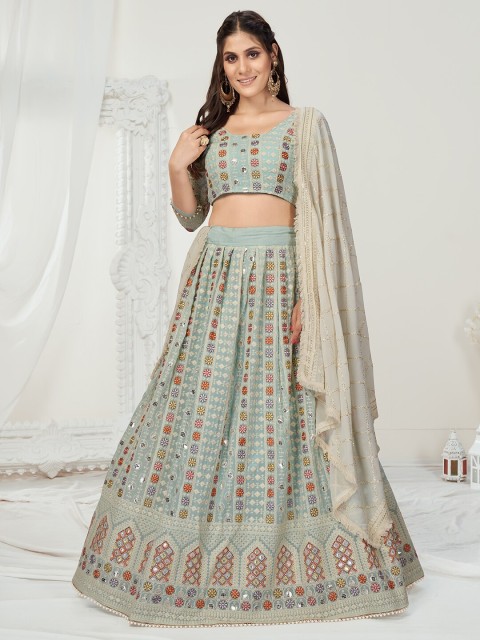 

WHITE FIRE Blue & Pink Embellished Sequinned Semi-Stitched Lehenga & Unstitched Blouse With Dupatta