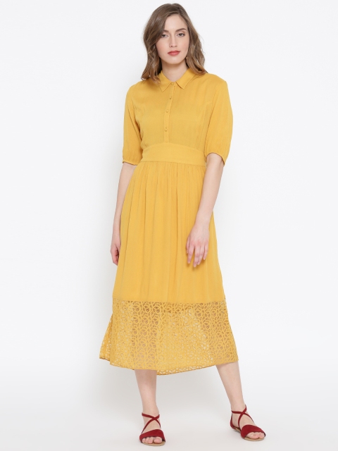 

SCOUP Women Mustard Yellow Solid Midi Shirt Dress