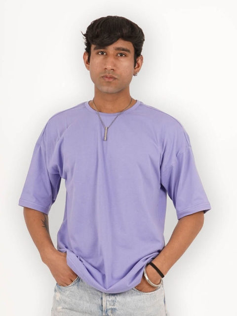 

Melangebox Men Purple Solid Relaxed Fit Drop-Shoulder Sleeves 100% Cotton T-shirt