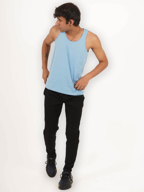 

Melangebox Men Blue Solid Sleeveless Pure Cotton T-shirt