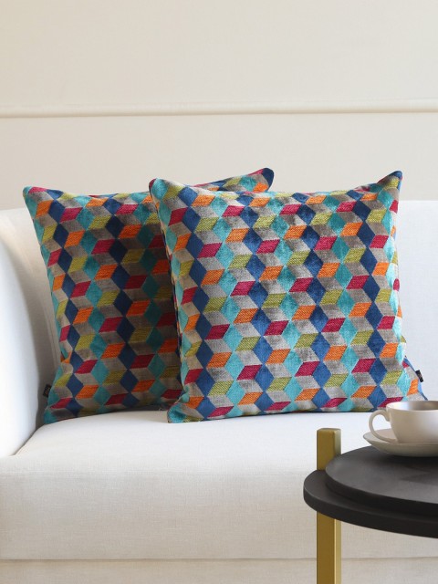 

GM Blue & Orange Set of 2 Geometric Velvet Square Cushion Covers