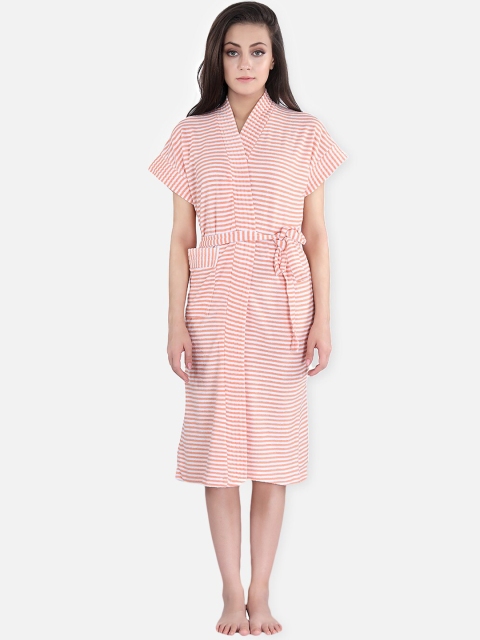 

LacyLook Women Orange & White Stripped Bath Robe