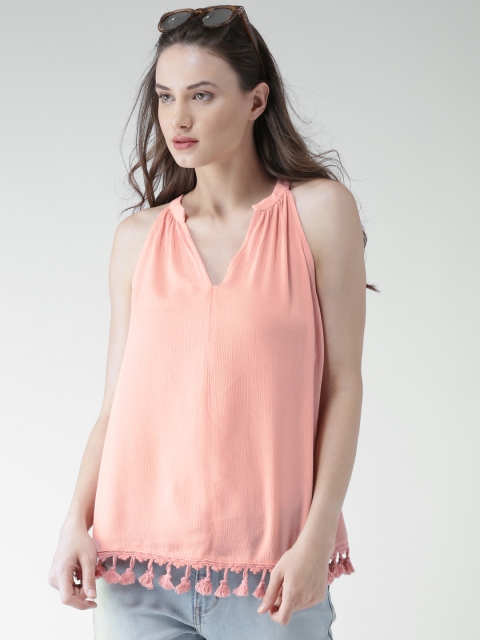 

FOREVER 21 Women Coral Pink Crinkled A-Line Top with Tassels