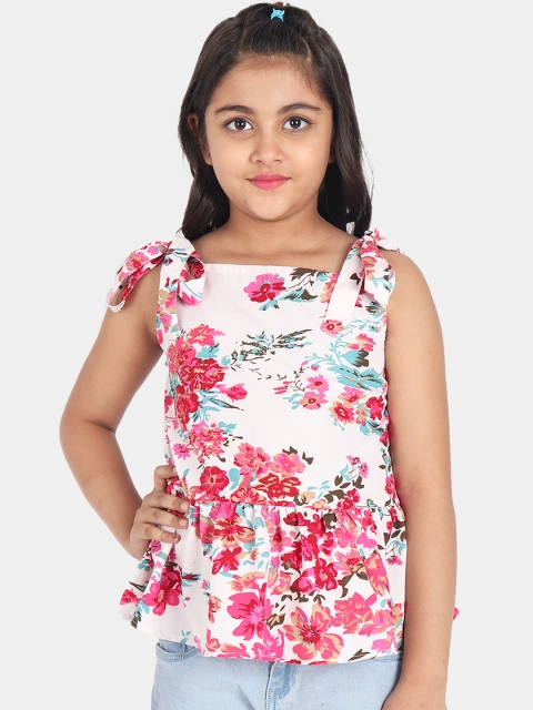 

YK Girls White & Pink Floral Print Peplum Top