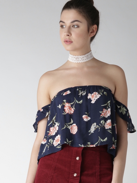 

FOREVER 21 Women Navy Blue Printed Crop Bardot Top