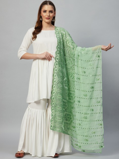 

InWeave Women White Pleated Mirror Work Kurti with Sharara & With Dupatta