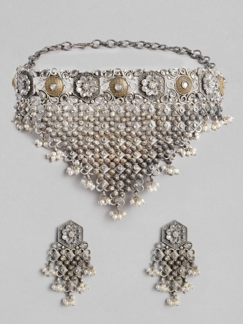 

MIDASKART Silver-Toned White Cubic Zirconia Studded & Beaded Tribal Jewellery Set
