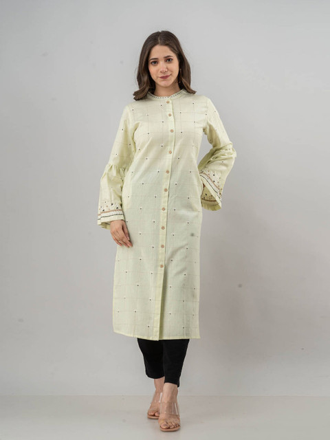

FASHION DWAR Women Cream-Coloured Checked Flared Sleeves Kurta