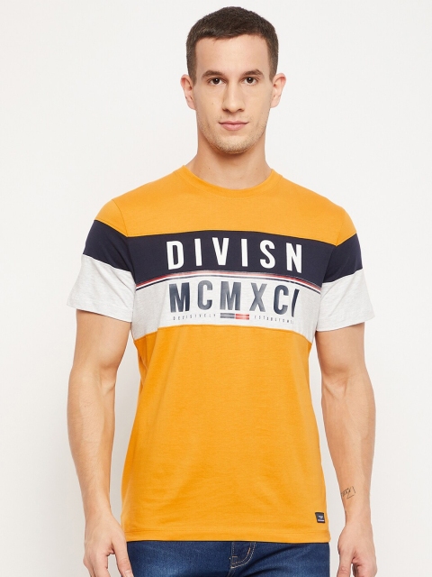 Octave Men Mustard Yellow & Navy Blue Typography Printed T-shirt