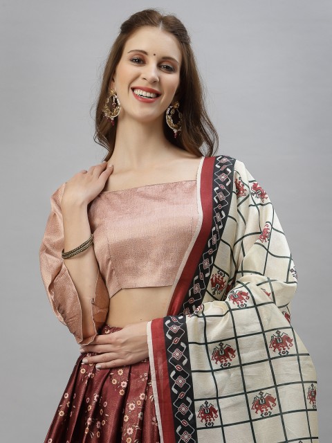 

Satrani Peach-Coloured & Maroon Semi-Stitched Lehenga & Unstitched Blouse With Dupatta