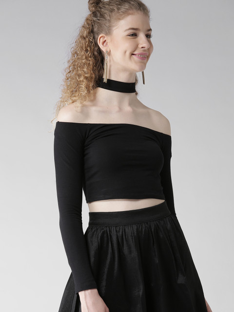 

FOREVER 21 Women Black Solid Crop Fitted Top