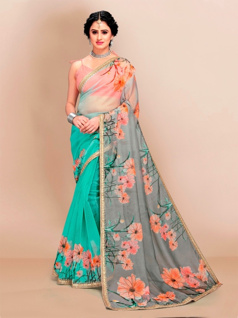 

VAIRAGEE Green & Pink Floral Printed Zari Organza Saree