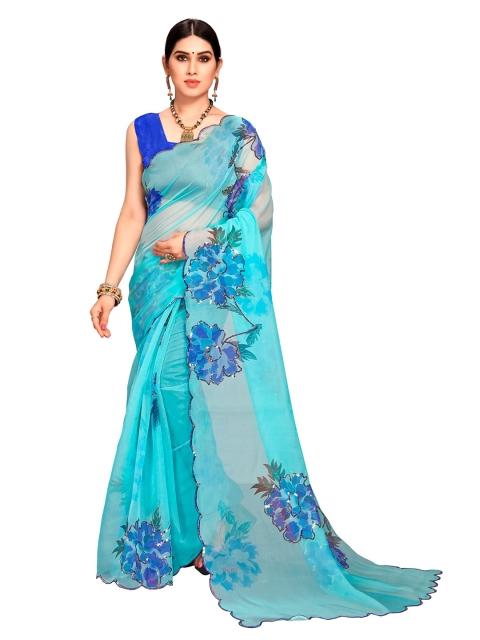 

VAIRAGEE Blue & Green Floral Embroidered Organza Saree
