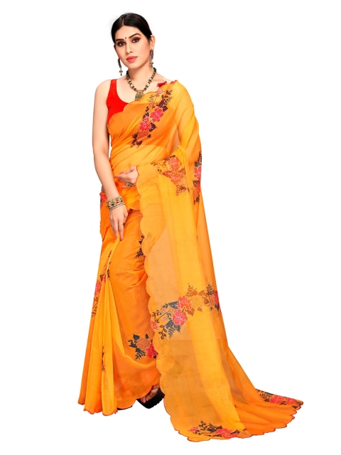 

VAIRAGEE Yellow & Red Floral Sequinned Organza Saree