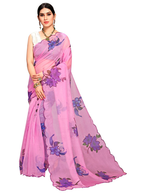 

VAIRAGEE Pink & Purple Floral Sequinned Organza Saree