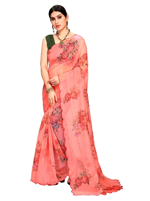 

VAIRAGEE Peach-Coloured & Green Floral Sequinned Organza Saree