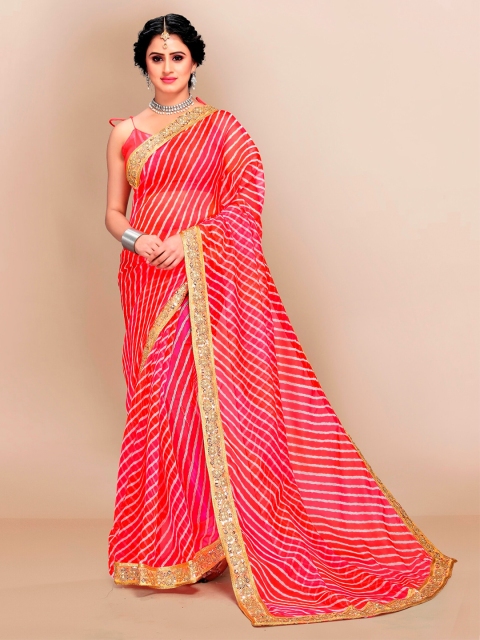

VAIRAGEE Red & White Striped Embroidered Organza Saree