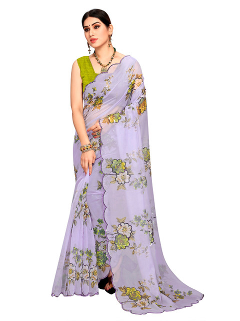 

VAIRAGEE Purple & Green Floral Embroidered Organza Saree