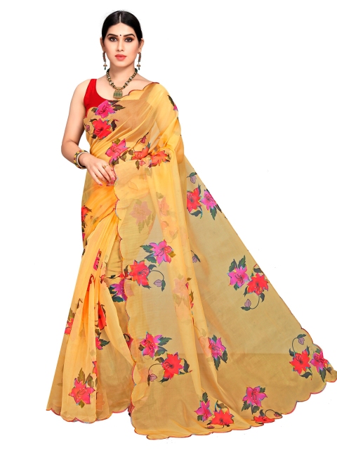 

VAIRAGEE Mustard Yellow & Pink Floral Sequinned Organza Saree