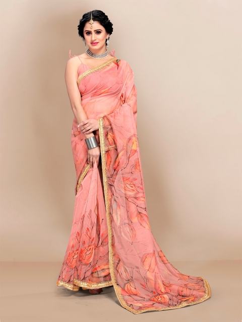 

VAIRAGEE Peach-Coloured & Gold-Toned Floral Zari Organza Saree