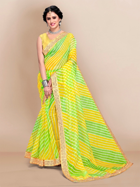 

VAIRAGEE Green & Yellow Leheriya Organza Saree