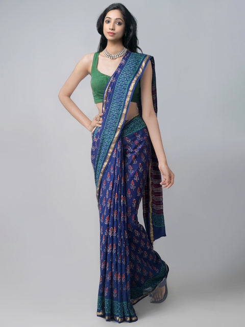 

Unnati Silks Navy Blue & Green Ethnic Motifs Zari Patola Saree