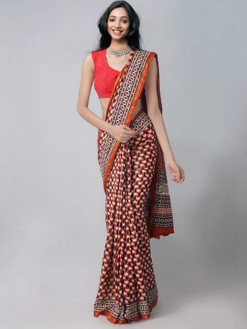 

Unnati Silks Red & Black Pure Cotton Bagru Saree
