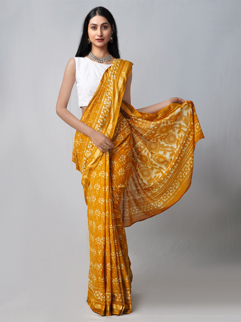 

Unnati Silks Yellow & Off White Floral Zari Pure Cotton Dabu Saree