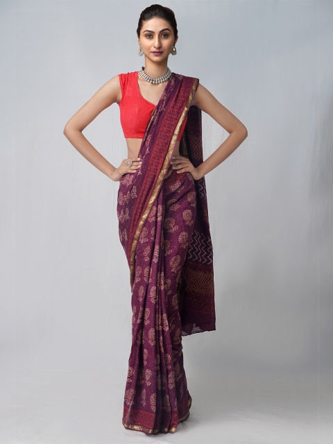 

Unnati Silks Purple & Red Napthol Printed Rajasthani Cotton Saree