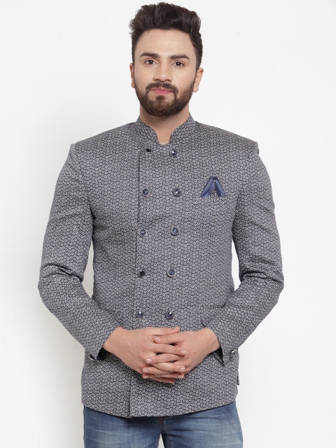 

KLOTTHE Men Grey & Off-White Printed Slim-Fit Bandhgala Blazer