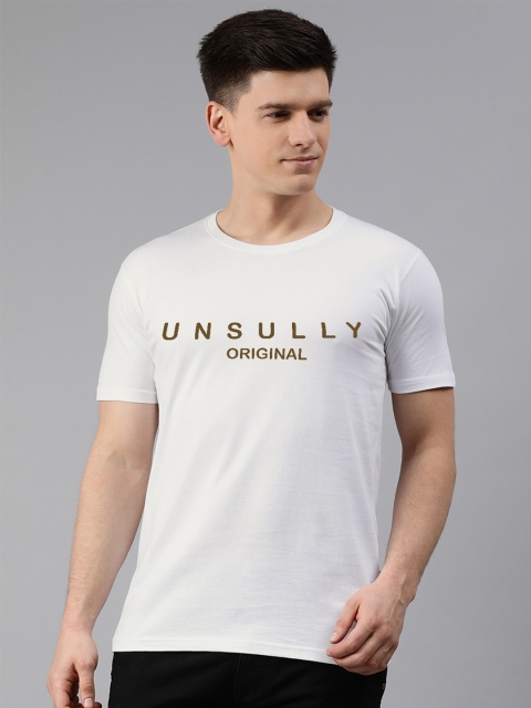 

UNSULLY Men White Typography Printed Applique Outdoor T-shirt