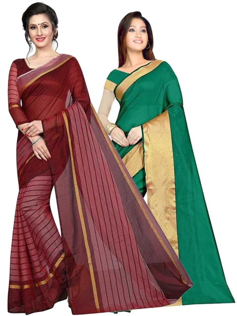 

SAADHVI Pack of 2 Striped Silk Cotton Saree, Green