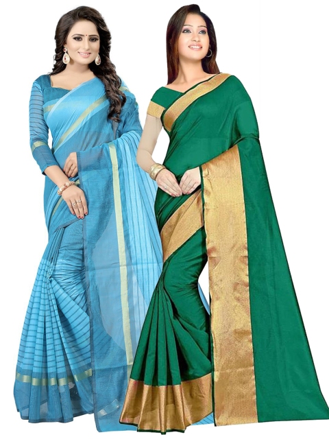 

SAADHVI Green & Turquoise Blue Set of 2 Striped Silk Cotton Saree