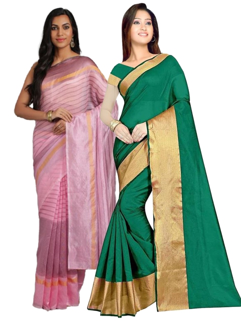 

SAADHVI Set of 2 Green & Pink Silk Cotton Saree