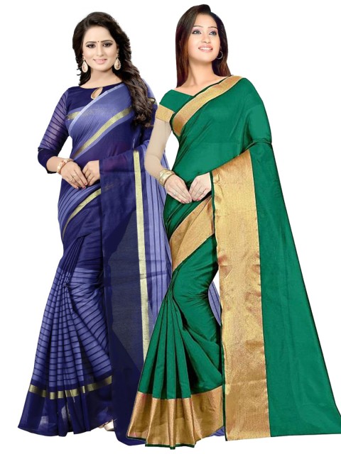 

SAADHVI Pack Of 2 Green & Navy Blue Striped Silk Cotton Saree