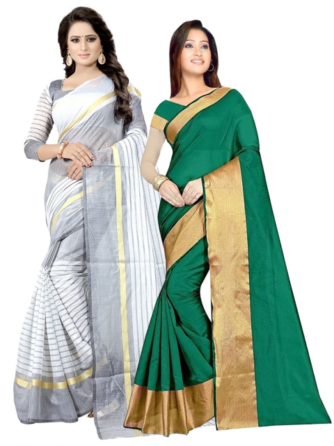 

SAADHVI Pack of 2 Striped Silk Cotton Saree, Green