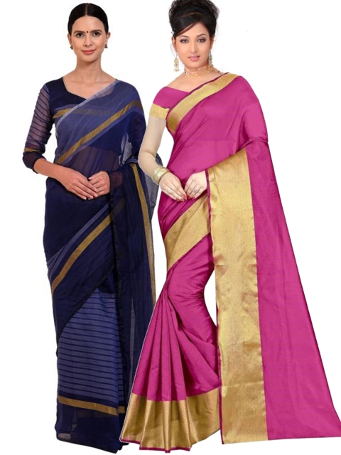

SAADHVI Set of 2 Pink & Navy Blue Silk Cotton Saree