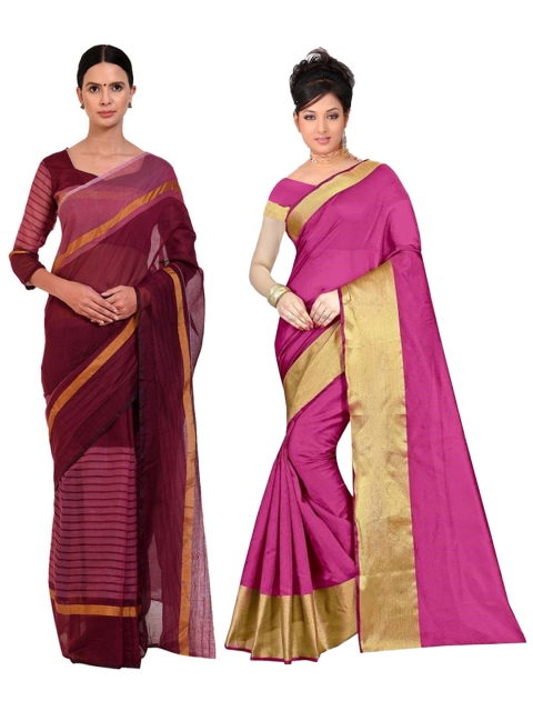 

SAADHVI Pack of 2 Striped Silk Cotton Saree, Pink