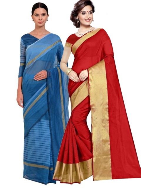 

SAADHVI Pack of 2 Red & Blue Solid Saree