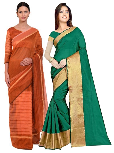 

SAADHVI Pack Of 2 Green & Orange Striped Silk Cotton Saree