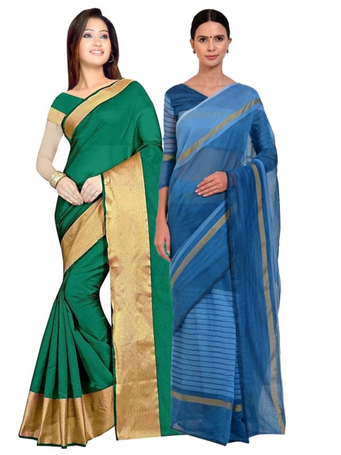 

SAADHVI Set of 2 Green & Blue Silk Cotton Saree